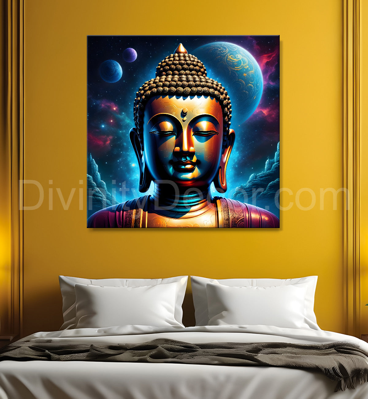 Golden buddha statue with cosmic light in background painting 24x24 inch Buddha-S-181