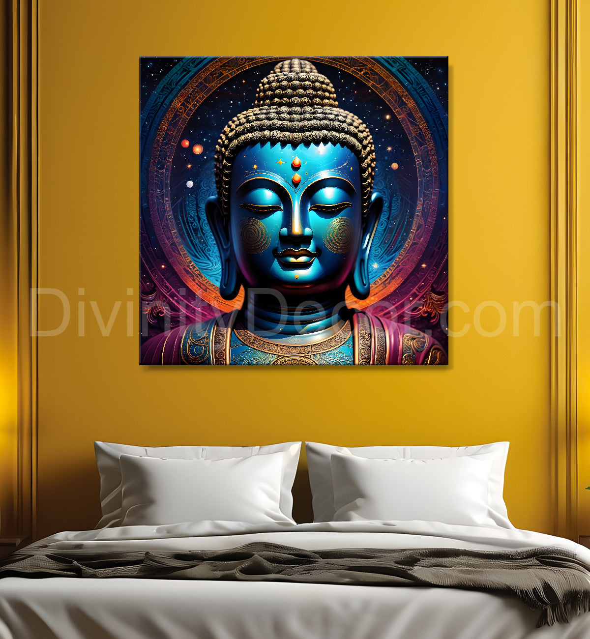 Golden buddha statue with cosmic light in background painting 24x24 inch Buddha-S-182