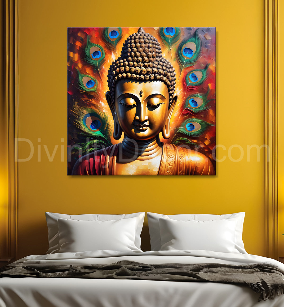 Buddha painting with peacock feather 24x24 inch Buddha-S-186