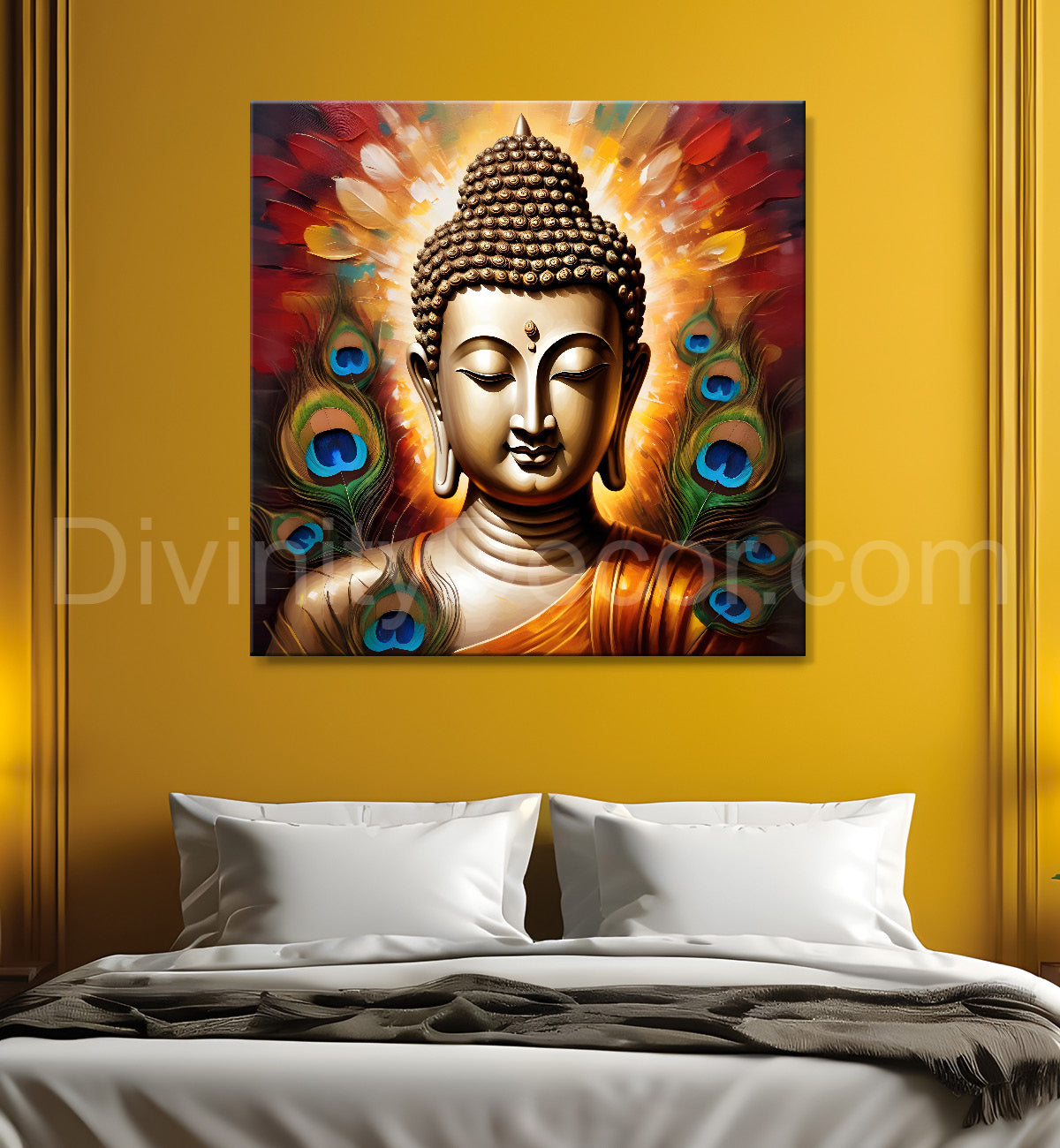 Buddha painting with peacock feather 24x24 inch Buddha-S-187