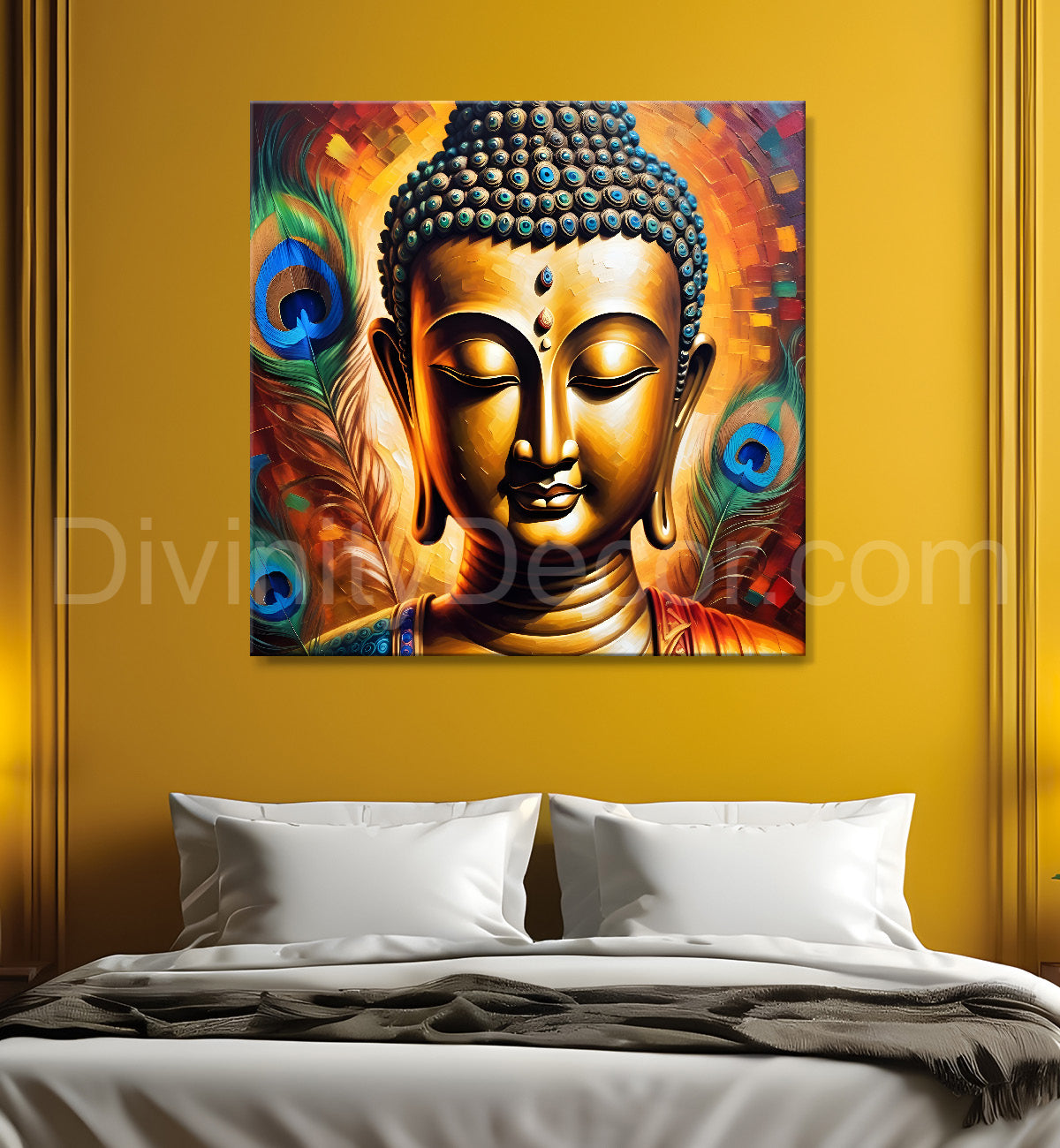 Buddha painting with peacock feather 24x24 inch Buddha-S-188