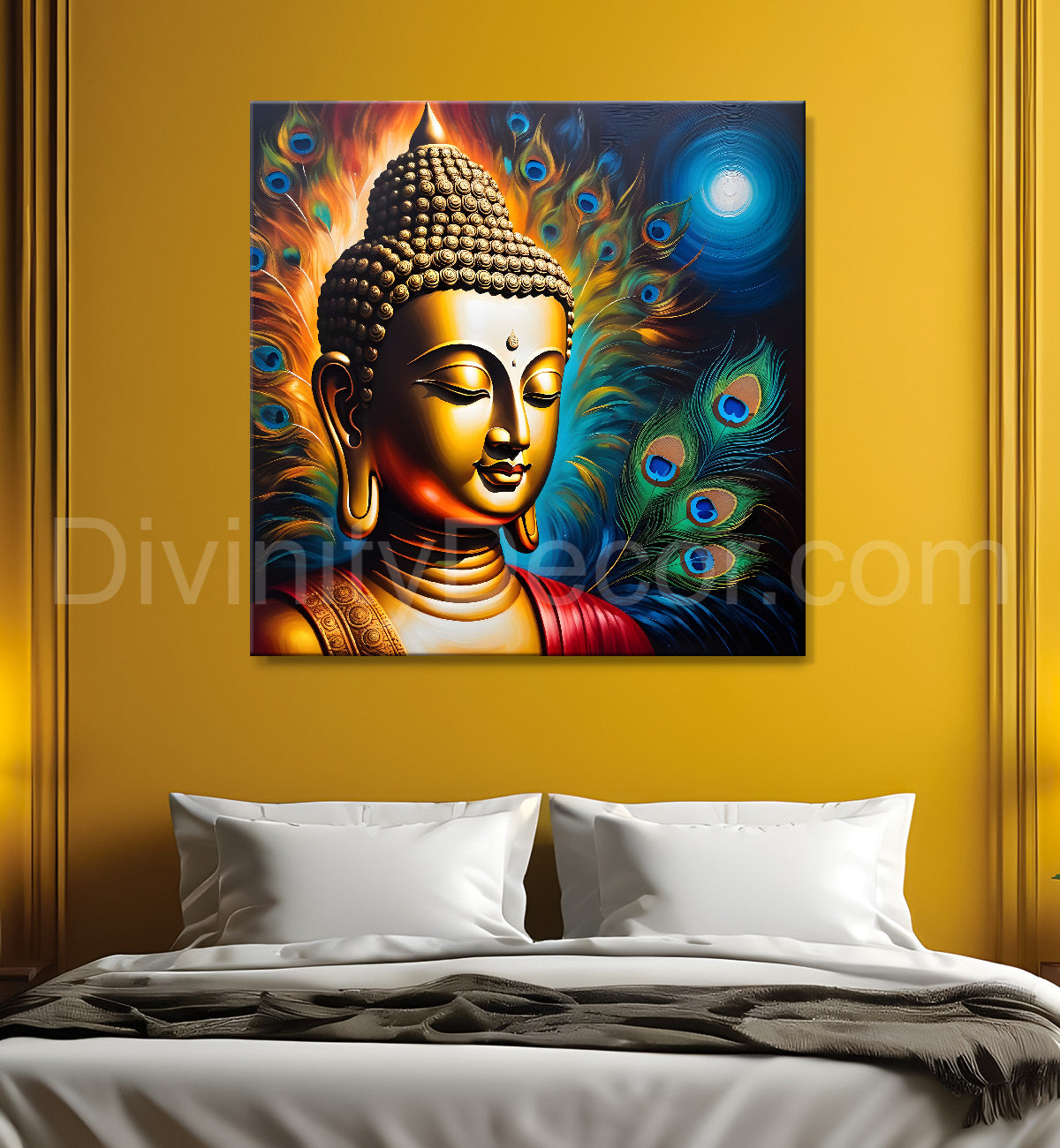 Buddha painting with peacock feather 24x24 inch Buddha-S-189