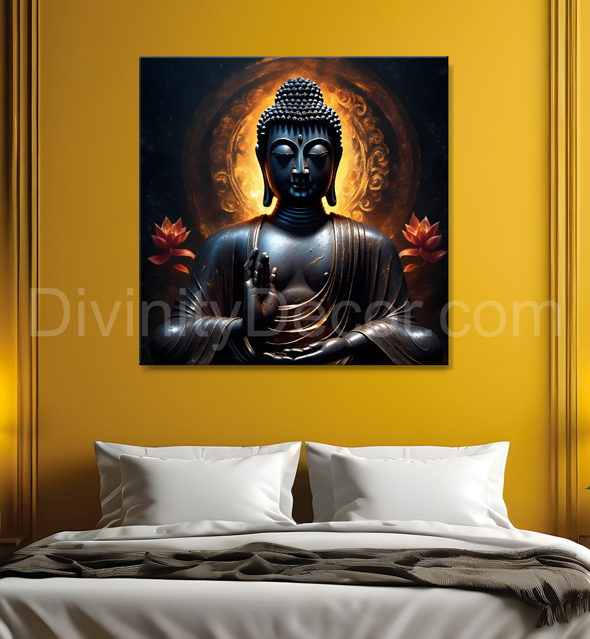 Black buddha with yellow chakra and dark background painting 24x24 inch Buddha-S-191