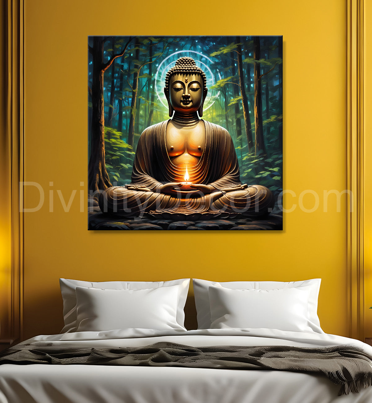 Golden buddha with green background painting 24x24 inch Buddha-S-192