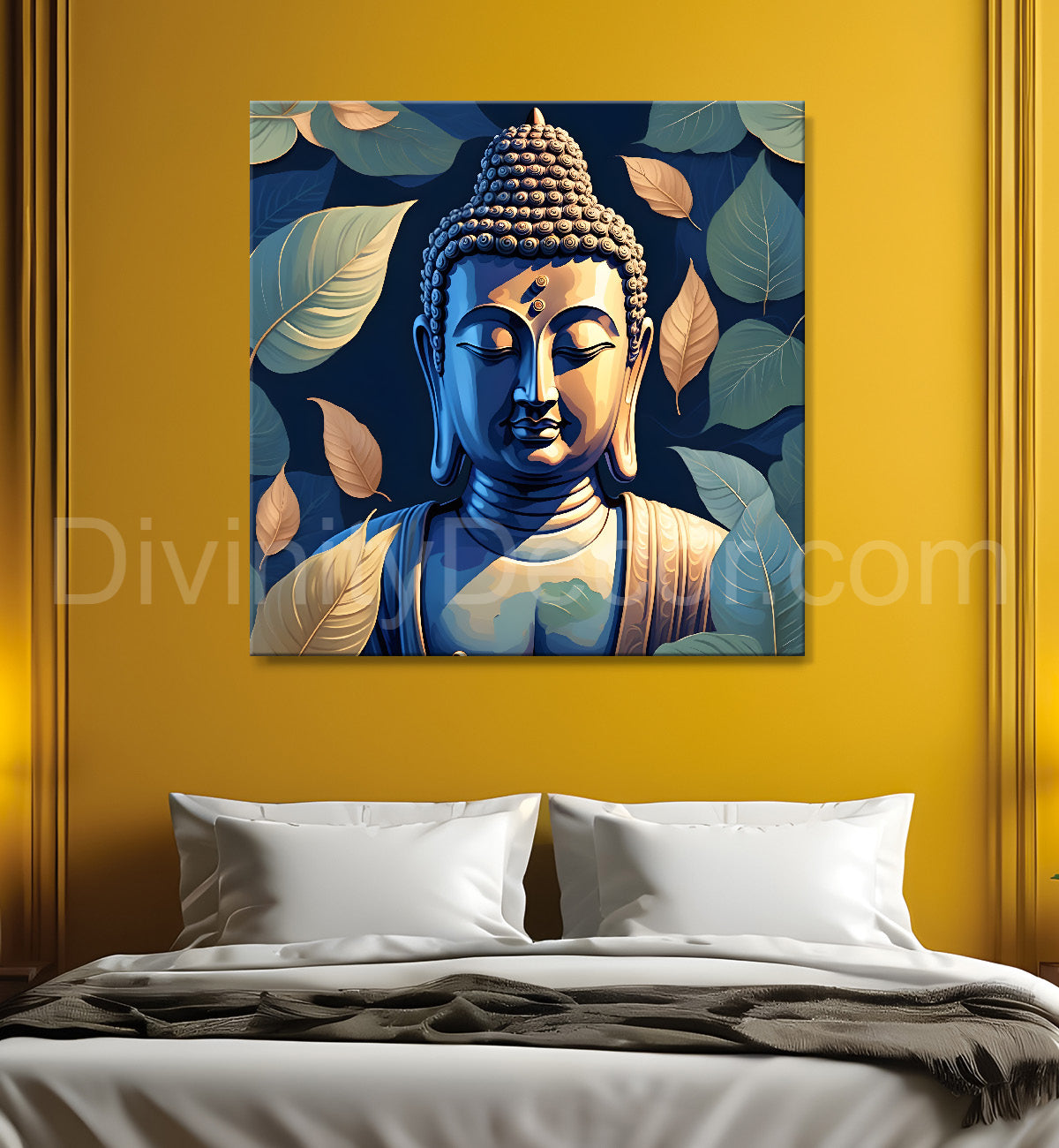 Buddha in navy blue and leaves background 24x24 inch Buddha-S-193