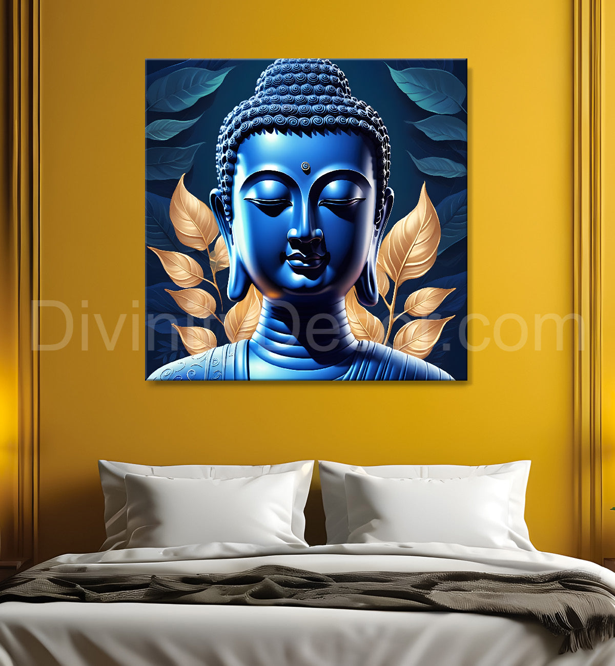 Blue buddha face in textured background  24x24 inch Buddha-S-195