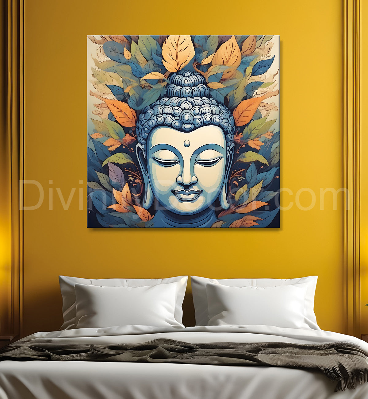 White face of buddha with orange leaves textured background  24x24 inch Buddha-S-196