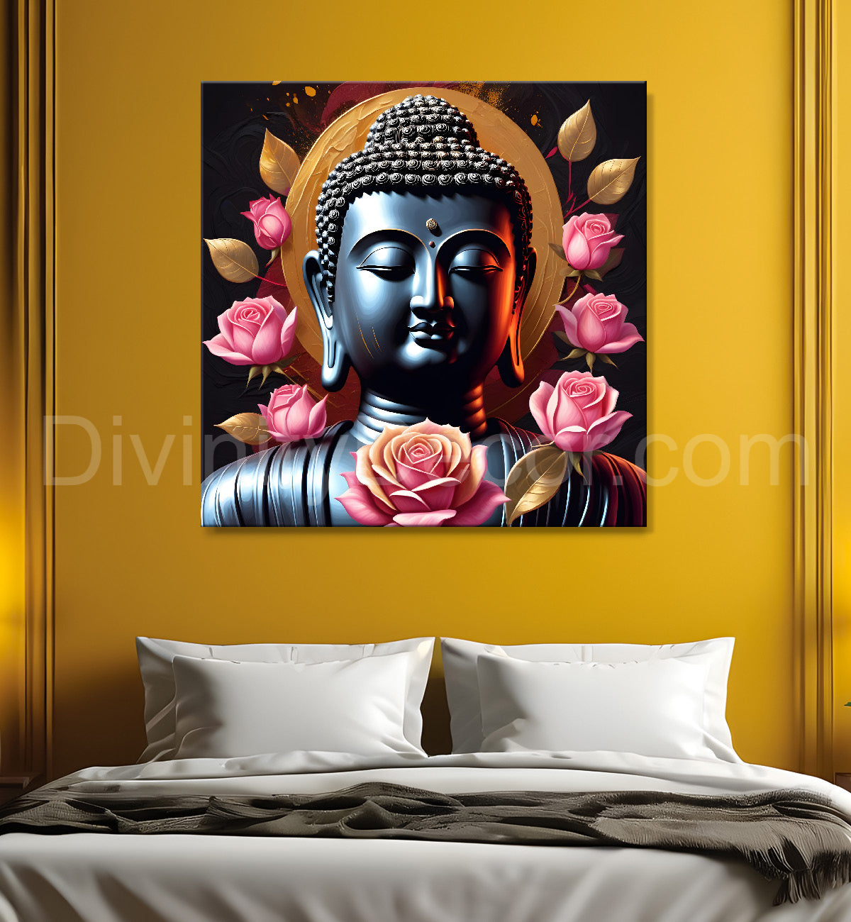 Buddha face with lotuses in textured background  24x24 inch Buddha-S-198