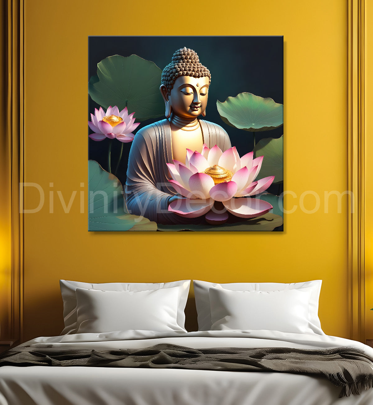 Buddha with lotuses in textured background 24x24 inch Buddha-S-200