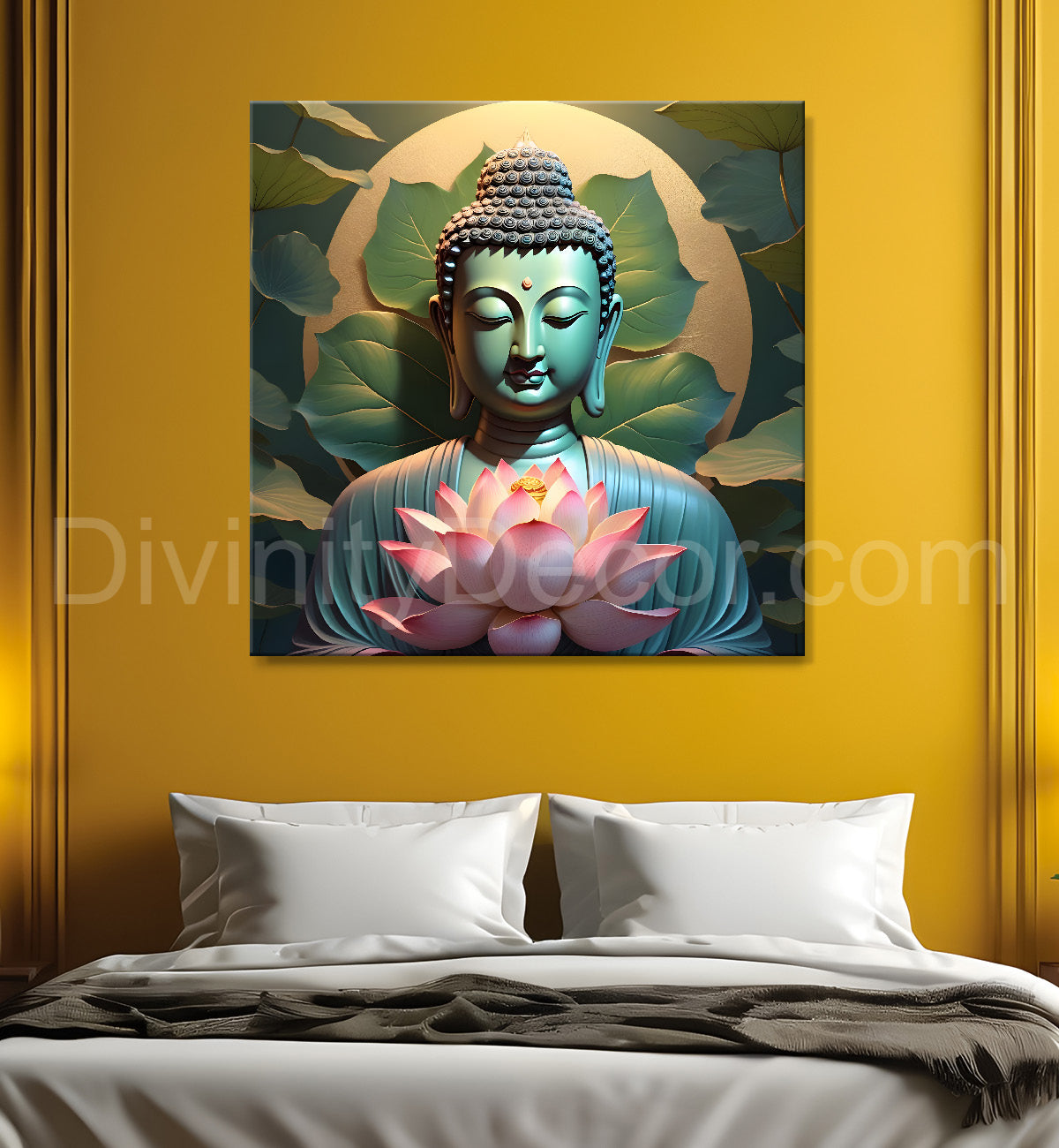 Buddha with lotuses in textured background 24x24 inch Buddha-S-201
