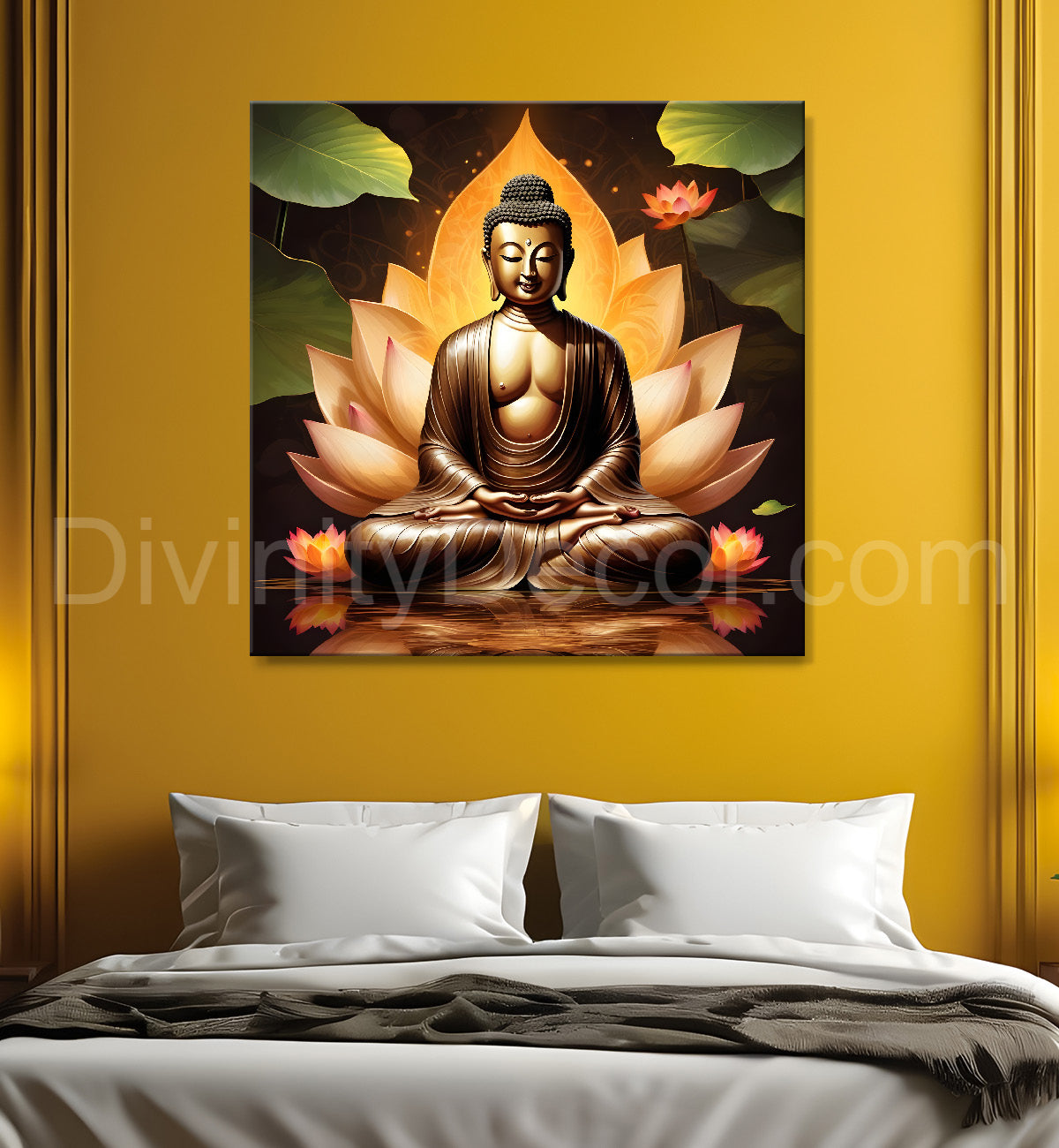 Golden buddha sitting on lotus textured background  24x24 inch Buddha-S-202