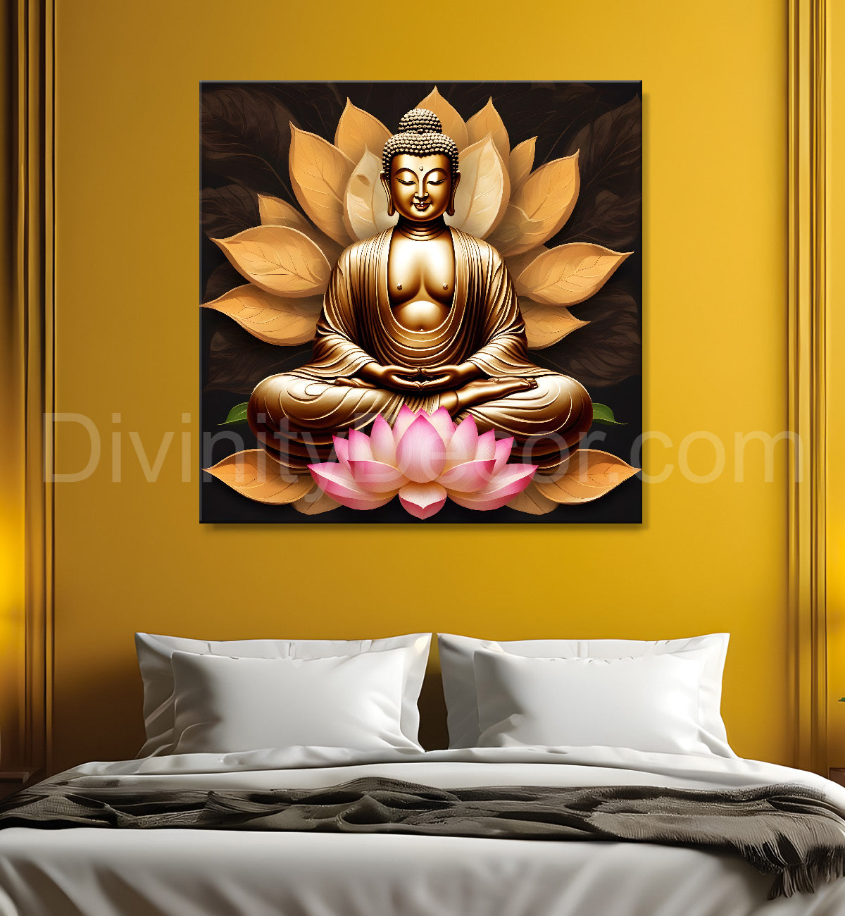 Golden buddha sitting on lotus textured background  24x24 inch Buddha-S-203