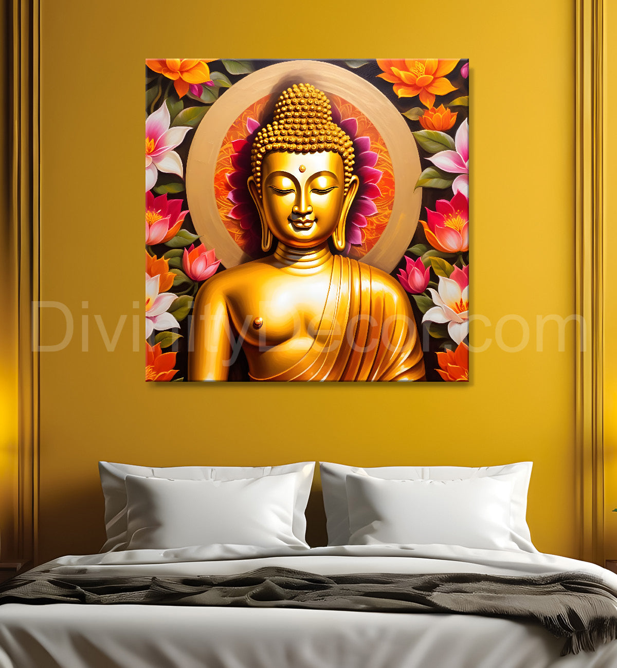 Golden buddha with lotuses background 24x24 inch Buddha-S-204