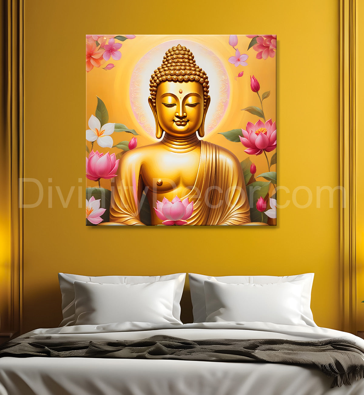 Golden buddha with lotuses background 24x24 inch Buddha-S-205