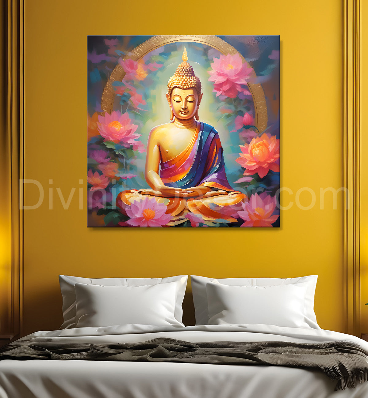 Golden buddha with lotuses background 24x24 inch Buddha-S-206