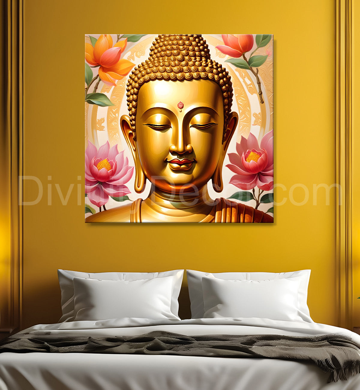 Golden buddha with lotuses background 24x24 inch Buddha-S-207