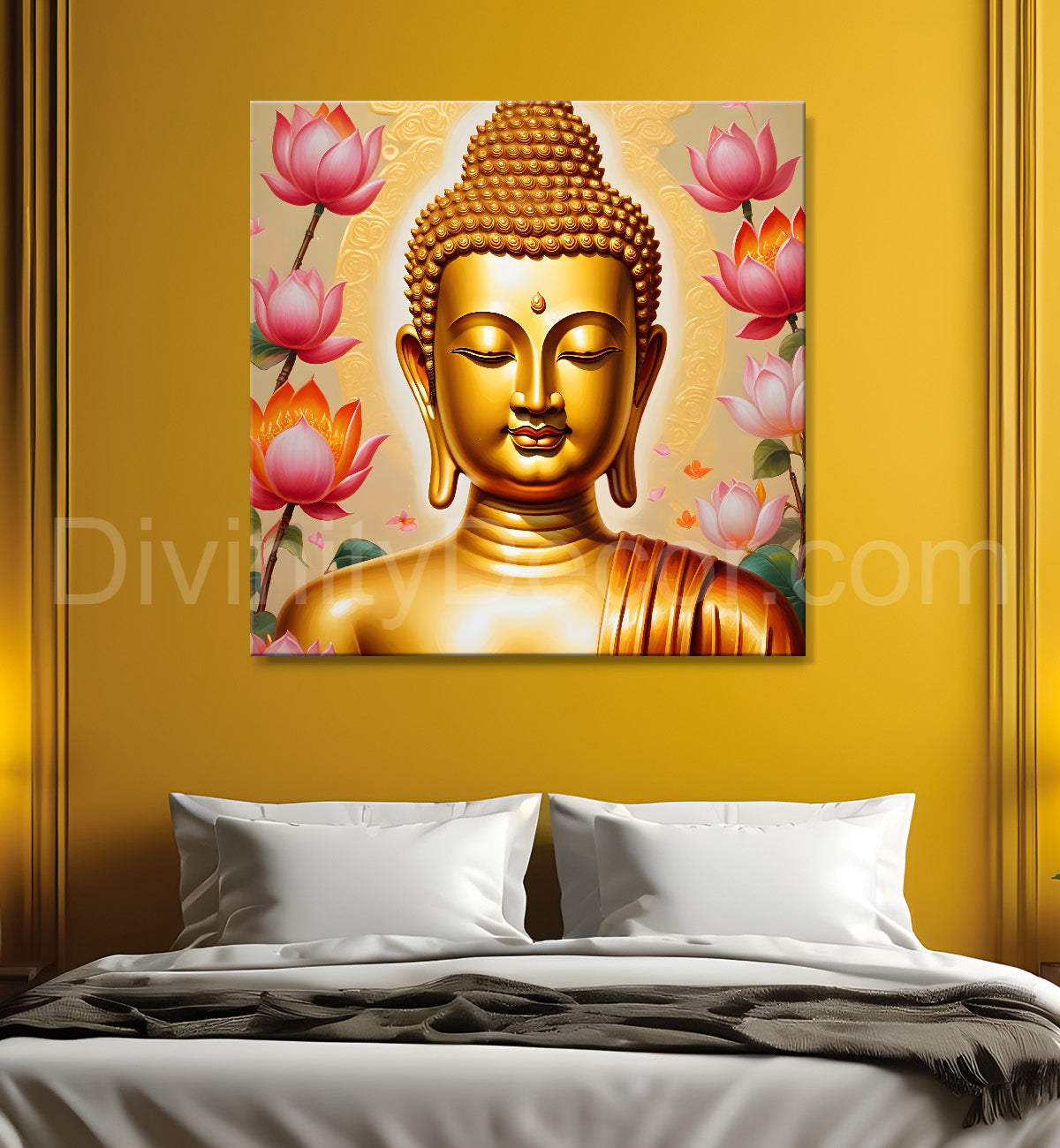 Golden buddha with lotuses background   24x24 inch Buddha-S-208