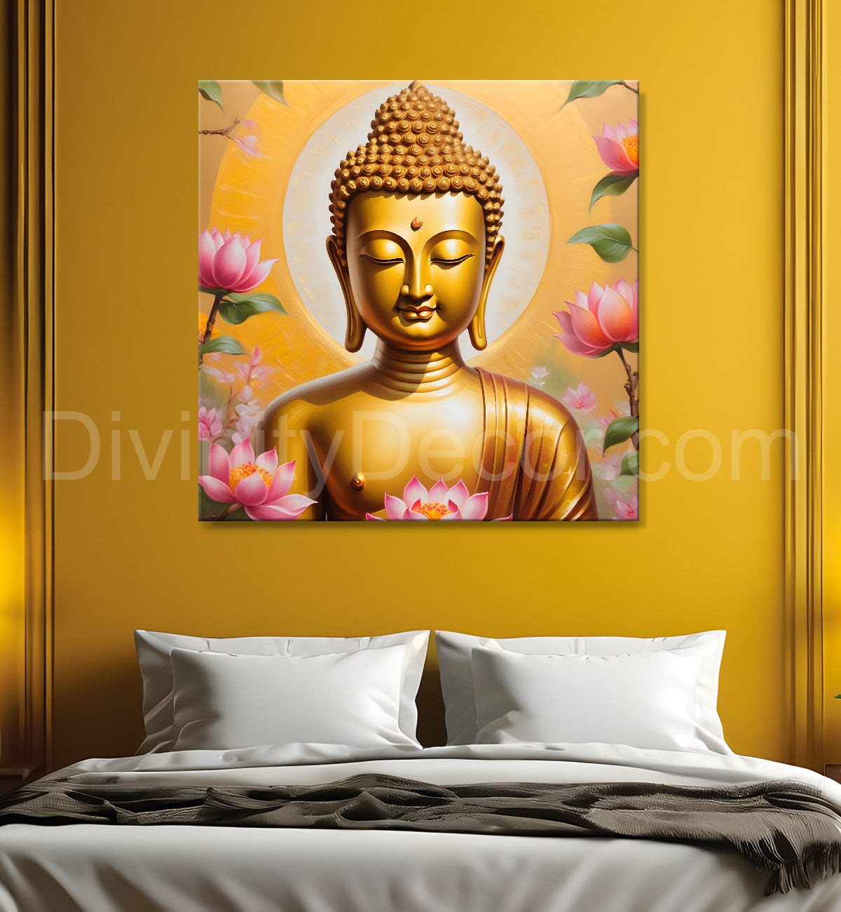 Golden buddha with lotuses background  24x24 inch Buddha-S-209