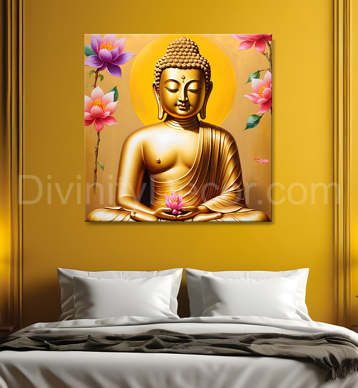 Golden buddha with lotuses background  24x24 inch Buddha-S-210