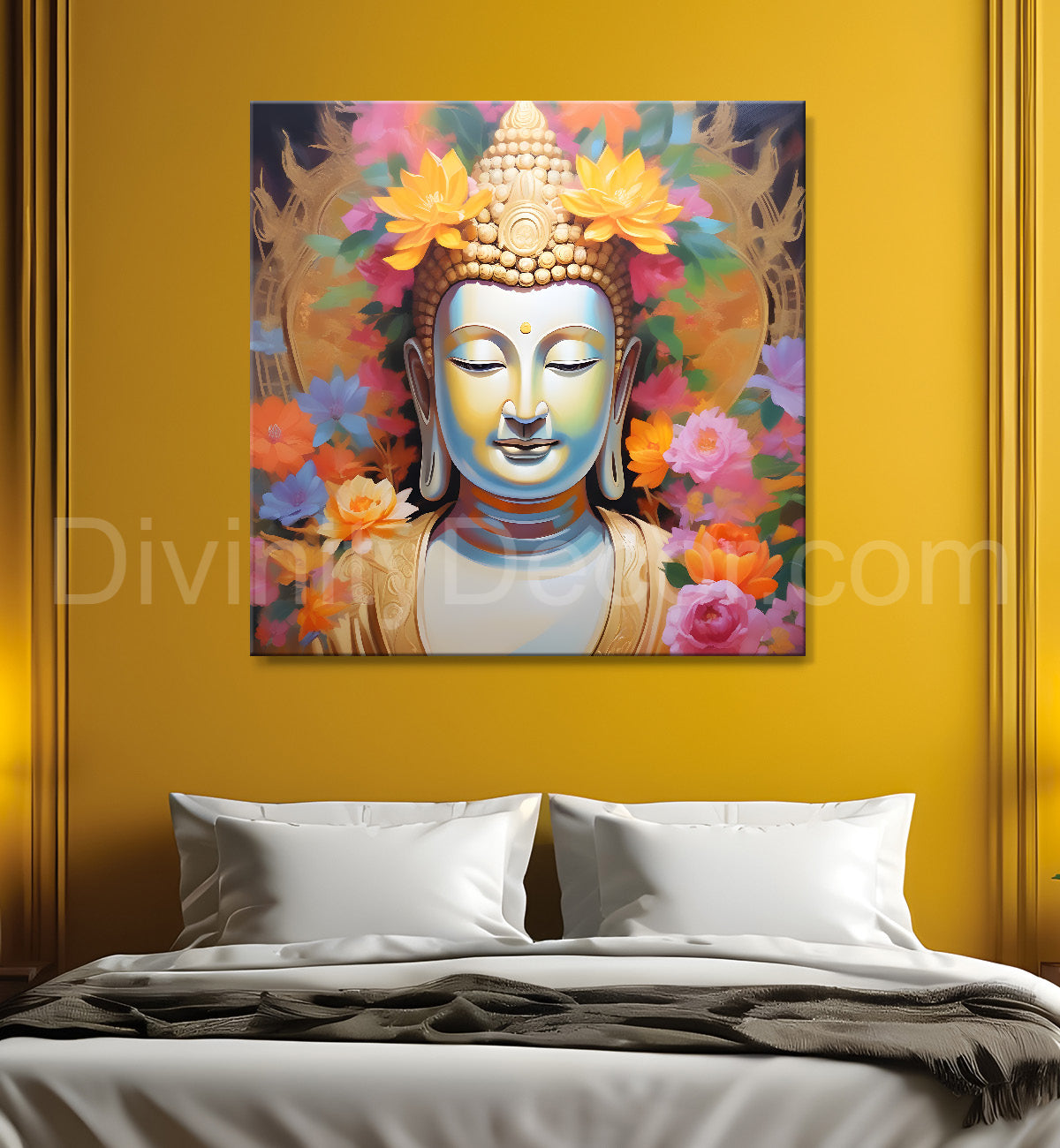 White face of buddha with lotuses background 24x24 inch Buddha-S-211