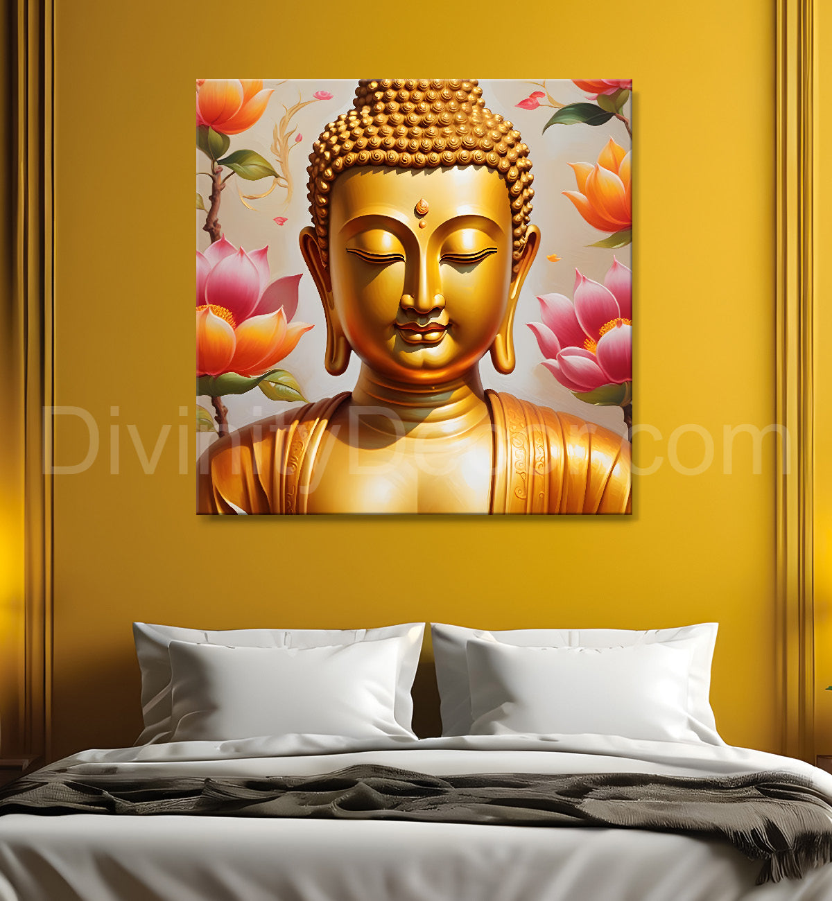 Golden buddha with lotuses background 24x24 inch Buddha-S-212