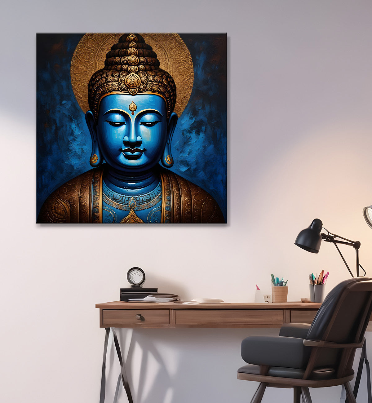 Golden buddha with blue background textured painting 24x24 inch Buddha-S-4