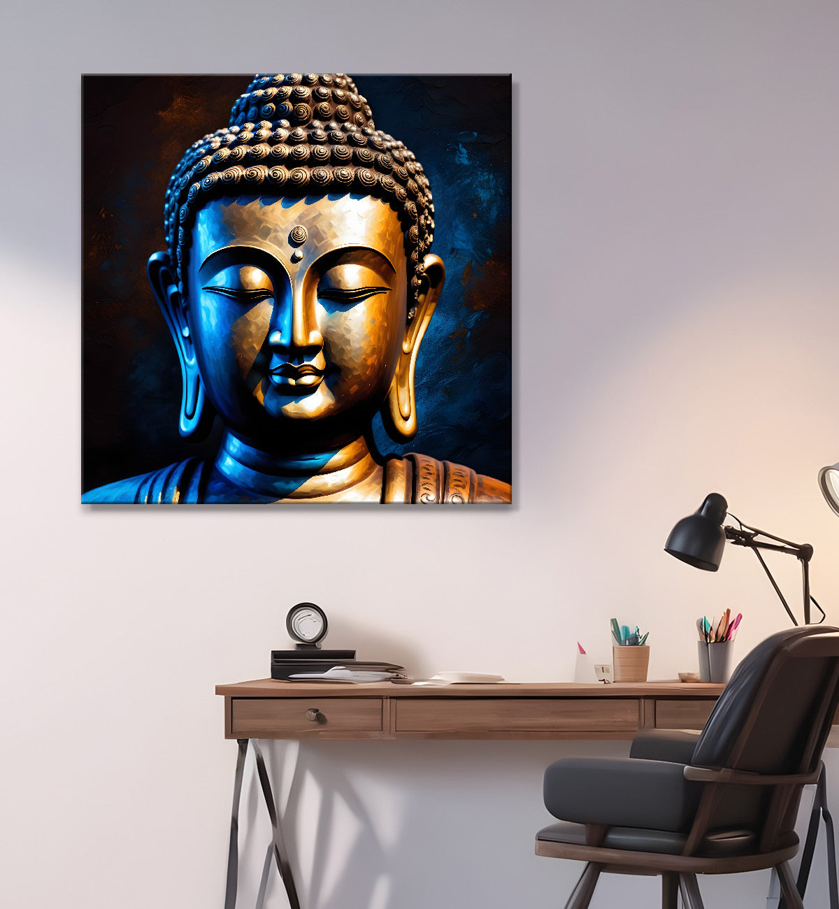 Golden buddha with blue background textured painting 24x24 inch Buddha-S-5