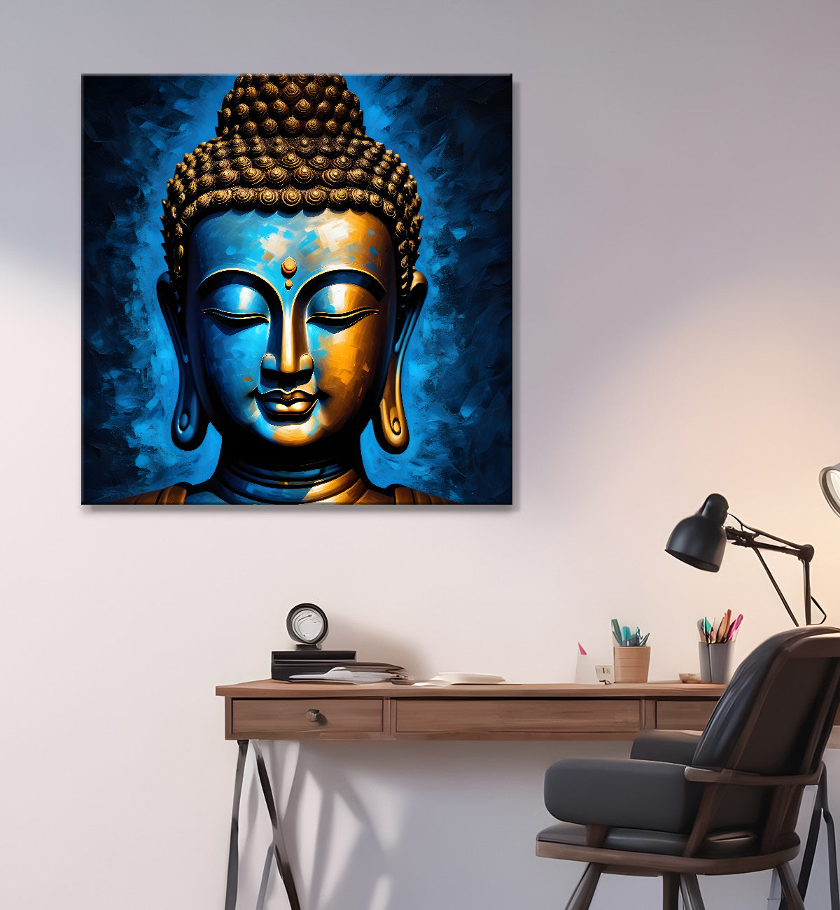 Golden buddha with blue background textured painting 24x24 inch Buddha-S-6