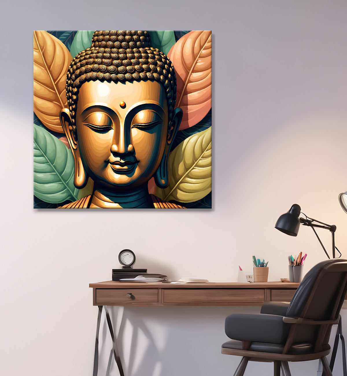 Golden Buddha Painting with leaf 24x24 inch Buddha-S-23