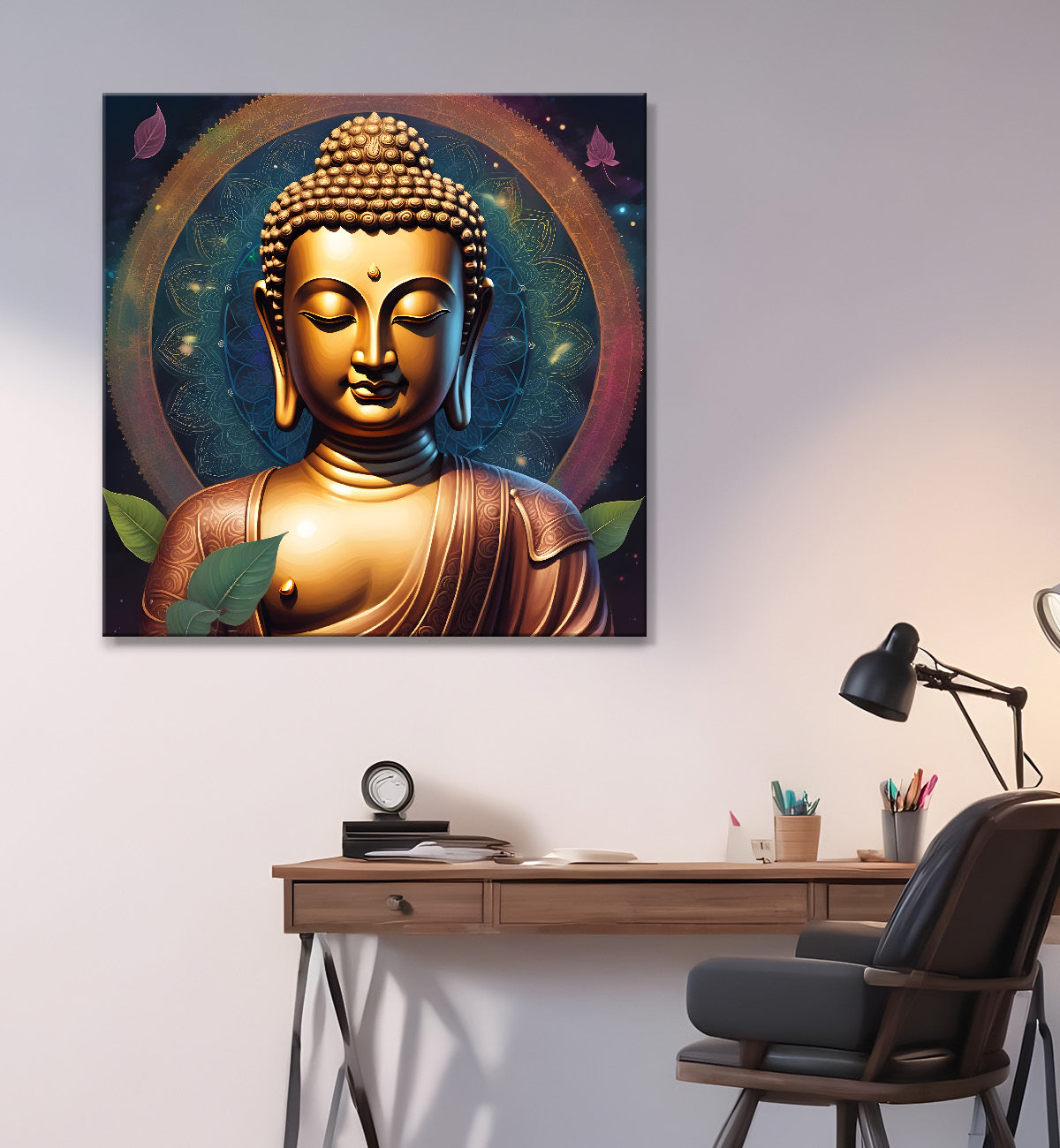 Golden Buddha Painting with leaf 24x24 inch Buddha-S-25