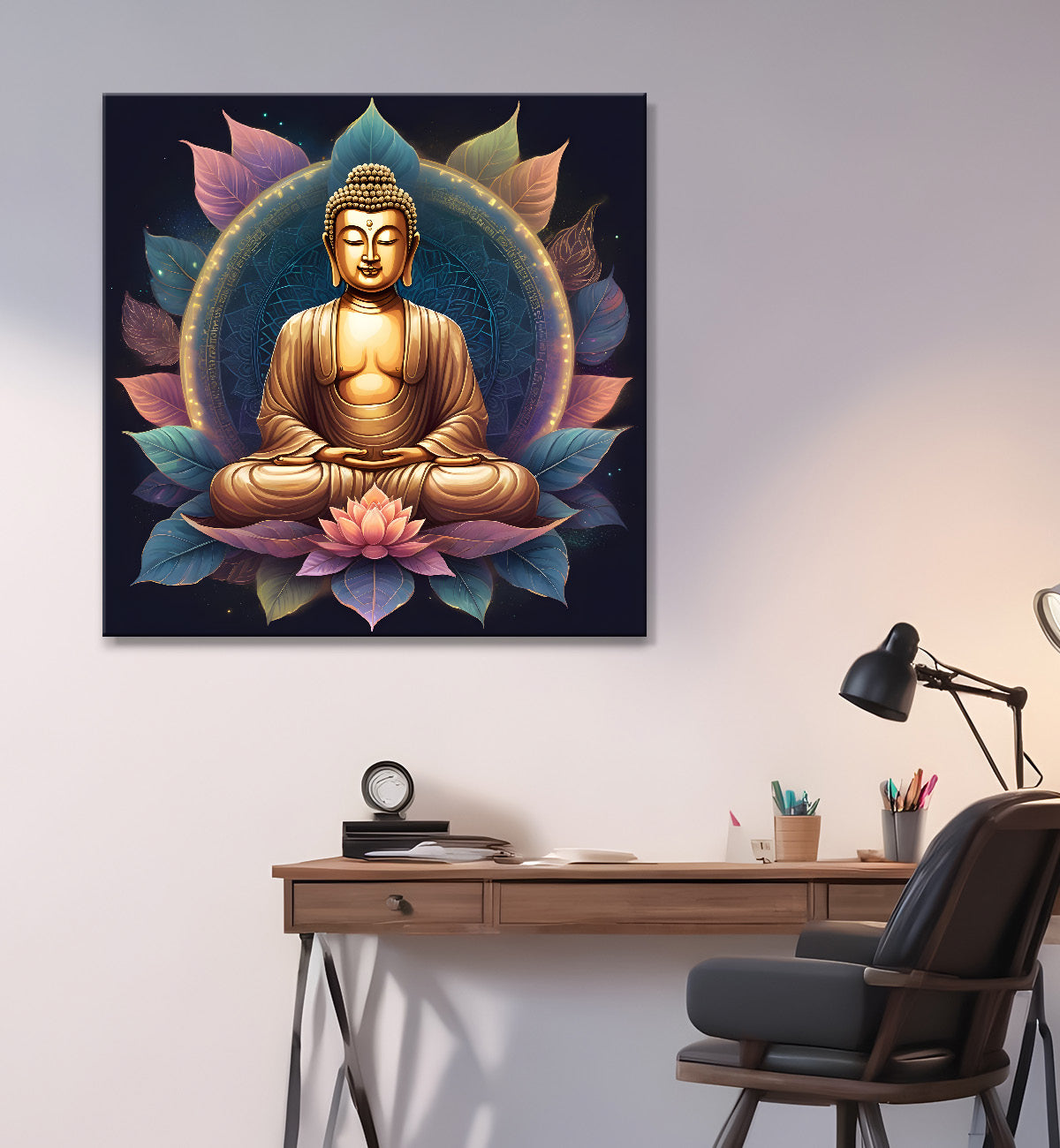 Golden Buddha Painting with leaf 24x24 inch Buddha-S-26