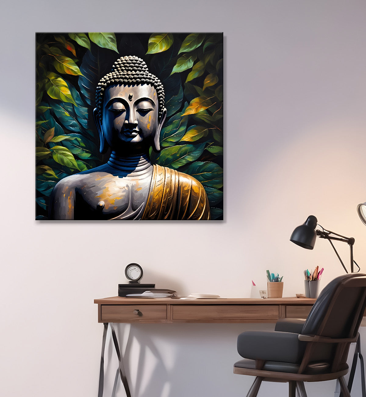 Golden Buddha Painting with leaf 24x24 inch Buddha-S-27