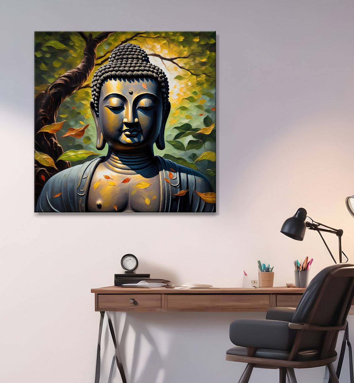 Golden Buddha Painting with leaf 24x24 inch Buddha-S-29