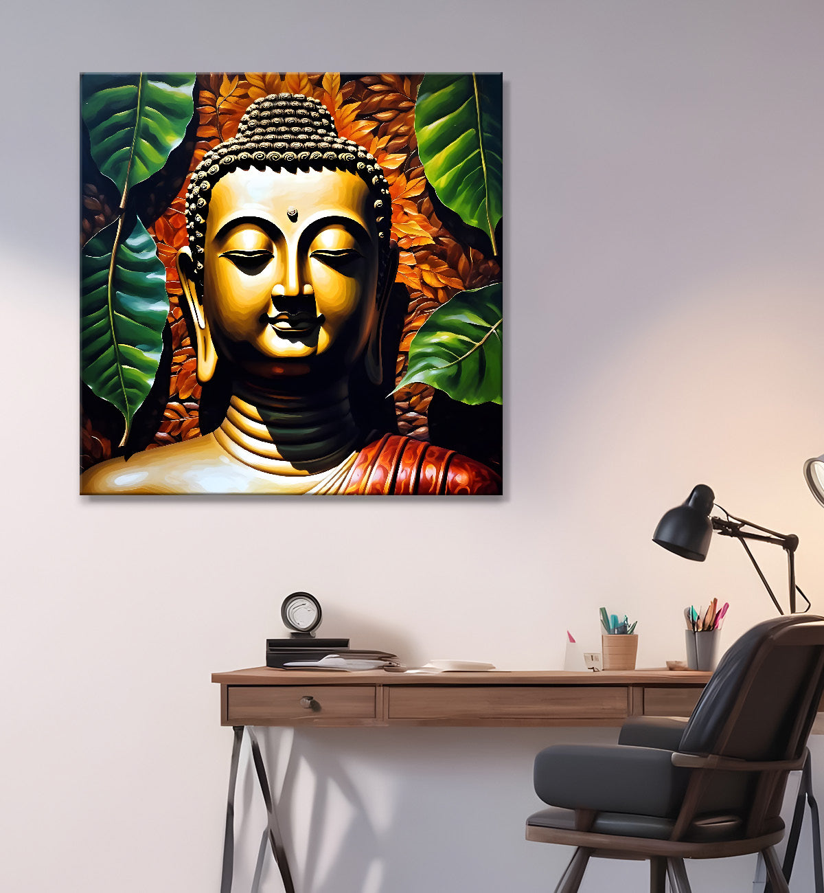 Golden Buddha Painting with leaf 24x24 inch Buddha-S-30