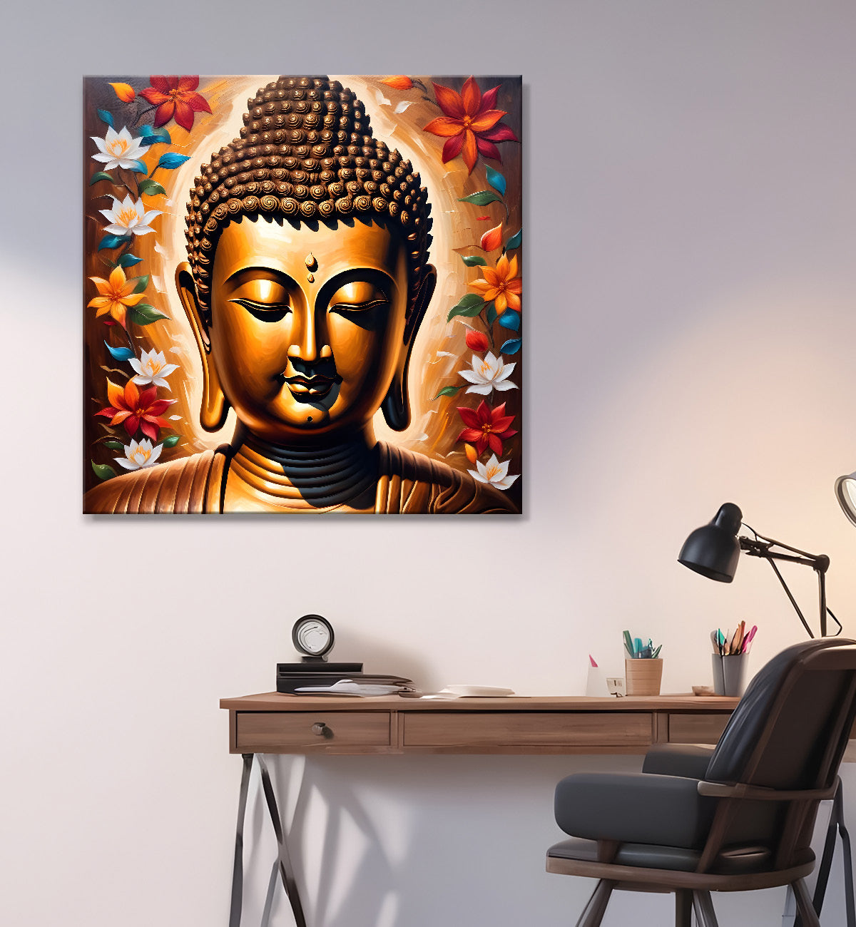 Golden buddha with multicolor flowers painting 24x24 inch Buddha-S-68