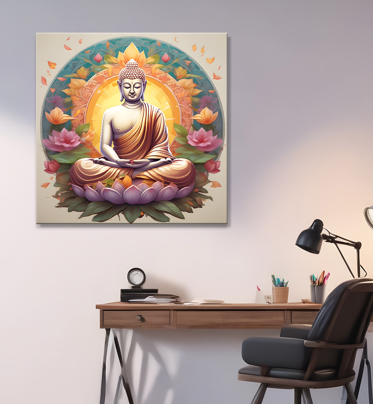 Buddha Painting Pestal color sitting on lotus flower 24x24 inch Buddha-S-72