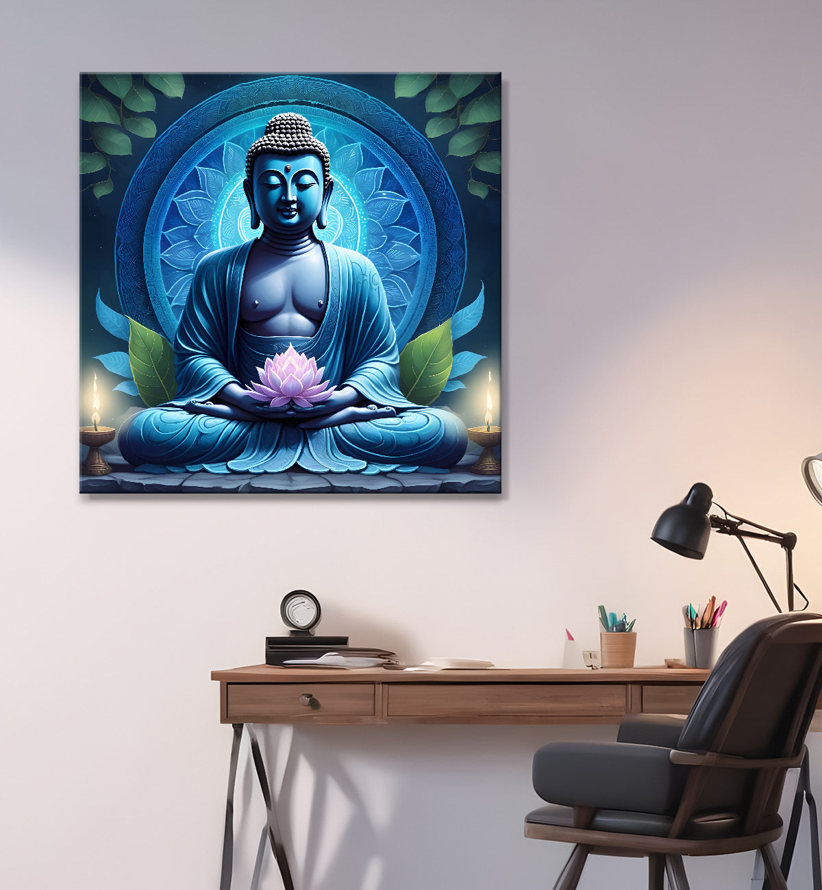 Dark Blue Buddha Painting with lotus flower 24x24 inch Buddha-S-73