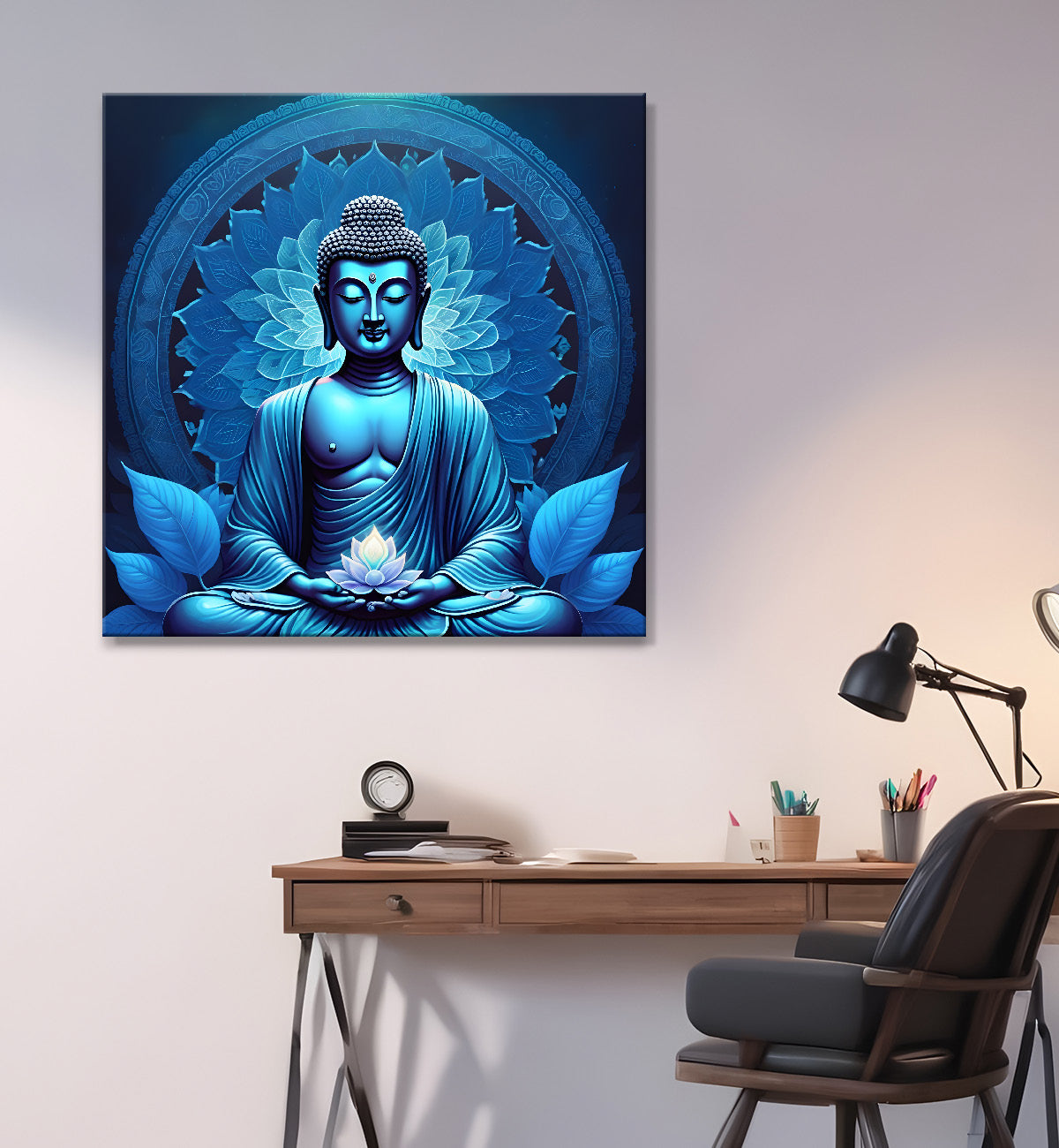 Dark Blue Buddha Painting with lotus flower 24x24 inch Buddha-S-74