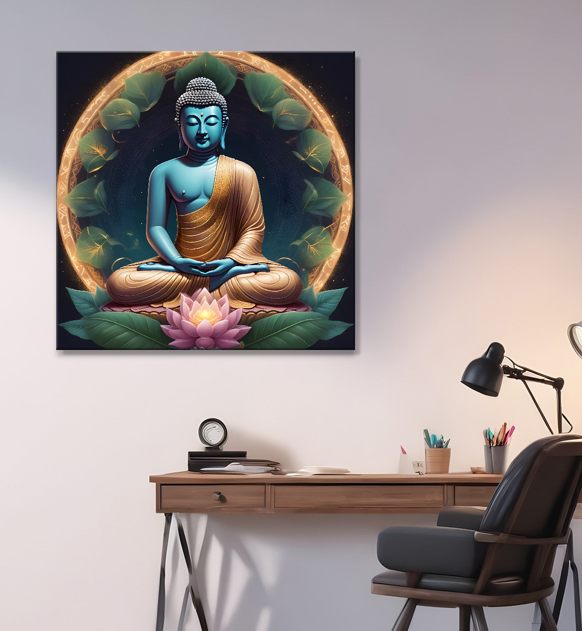 Dark green and blue buddha painting with lotus 24x24 inch Buddha-S-79