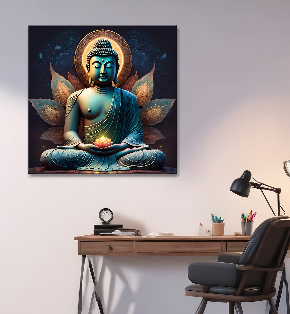 Dark green and blue buddha painting with lotus 24x24 inch Buddha-S-80