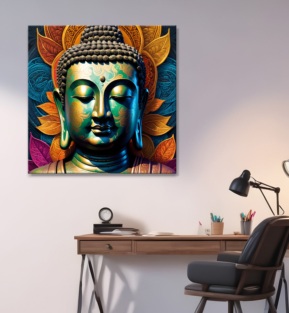 Dark green and blue buddha painting with lotus 24x24 inch Buddha-S-81