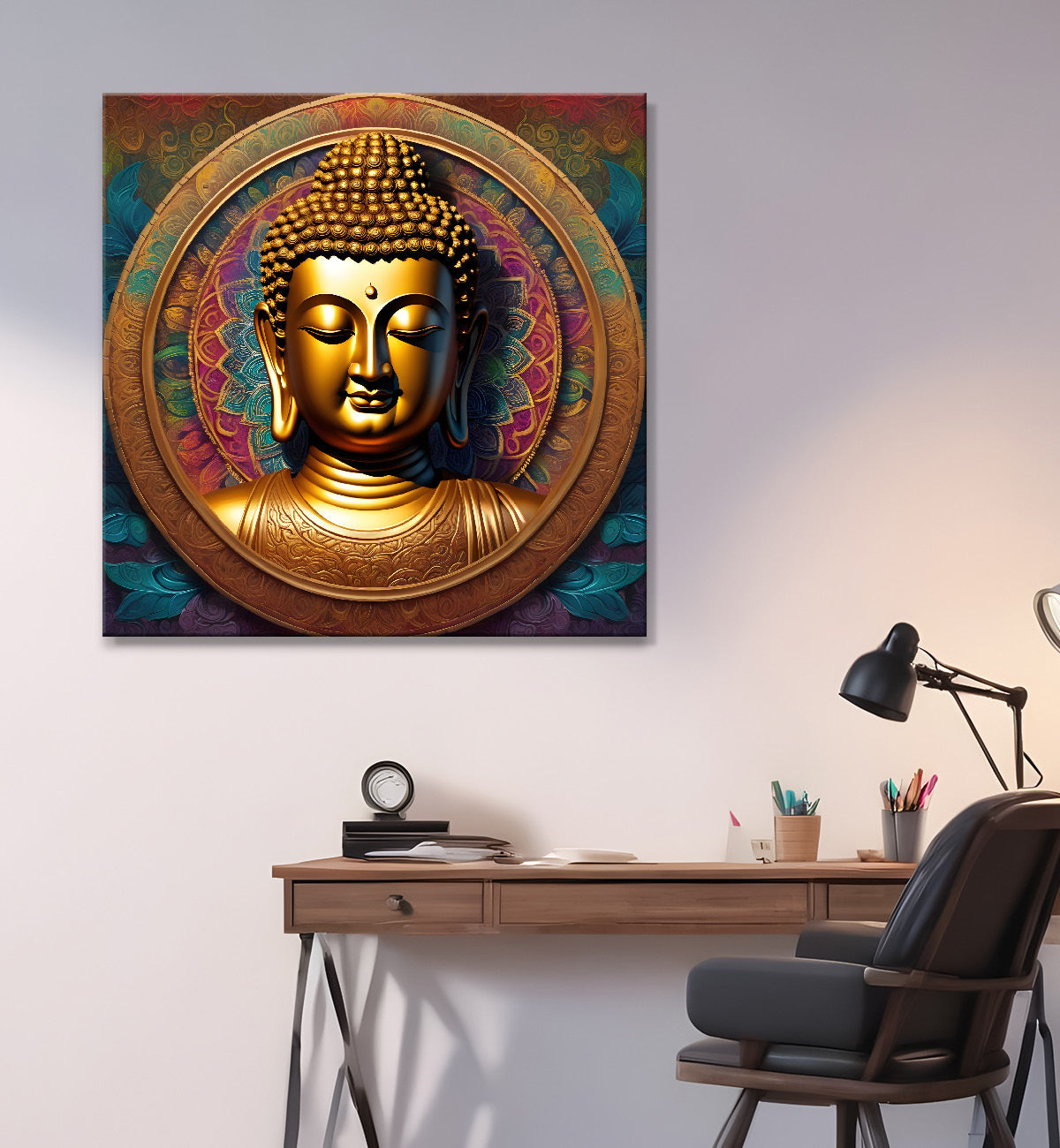 Dark green and blue buddha painting with lotus 24x24 inch Buddha-S-82