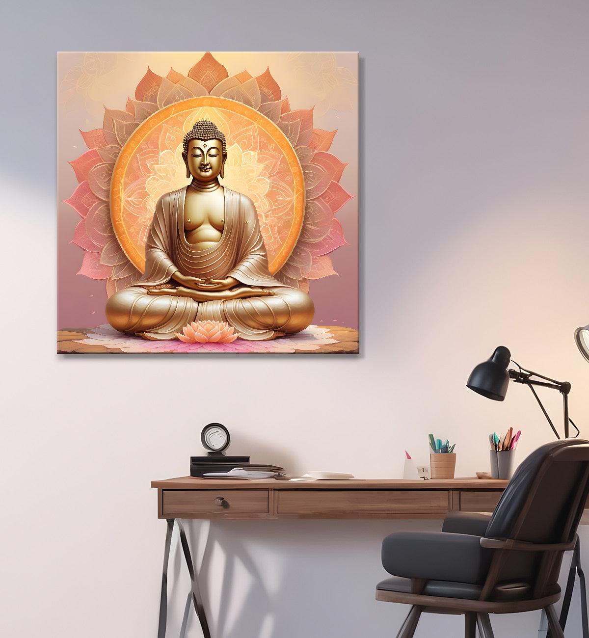Golden buddha with floral mandal pestal painting 24x24 inch Buddha-S-83