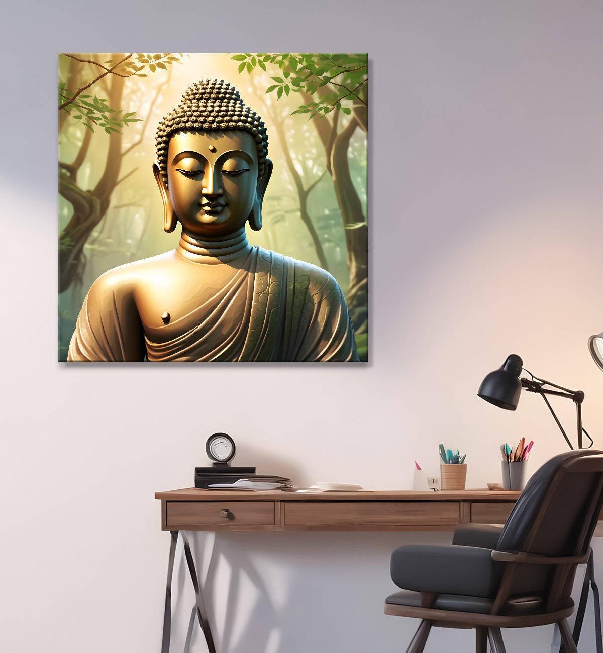 Golden buddha in forest painting 24x24 inch Buddha-S-86