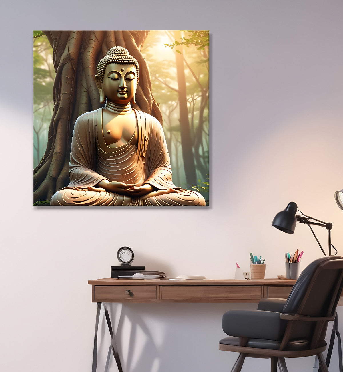 Golden buddha stachue in forest dark brown painting 24x24 inch Buddha-S-89