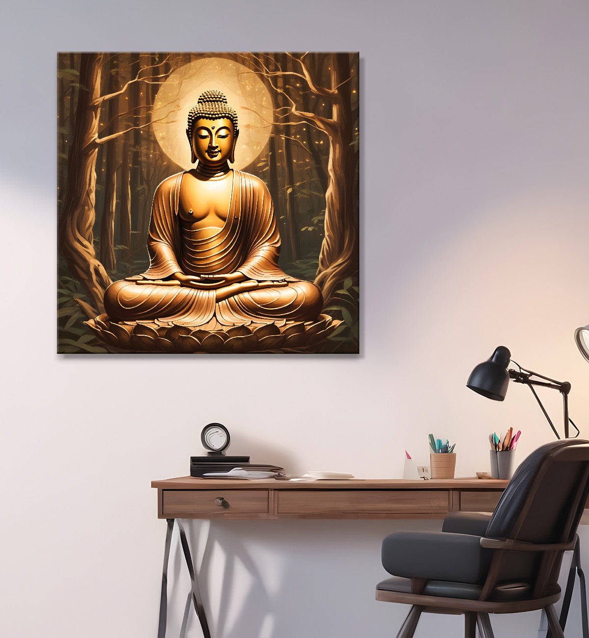 Golden buddha stachue in forest dark brown painting 24x24 inch Buddha-S-90