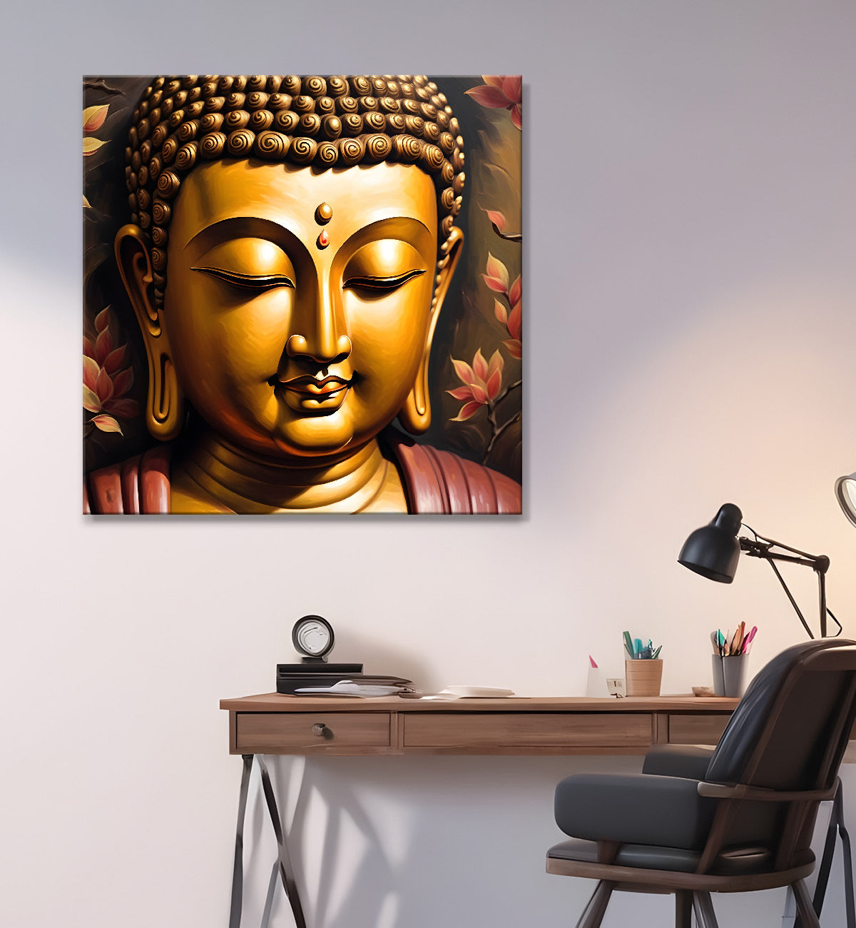 Golden buddha Closed up Dark brown painting 24x24 inch Buddha-S-91