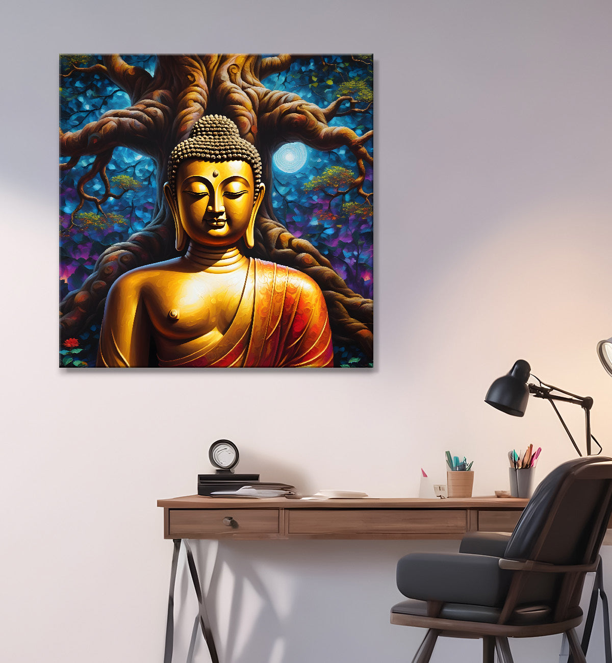 Golden Buddha painting with Dark Tree 24x24 inch Buddha-S-98