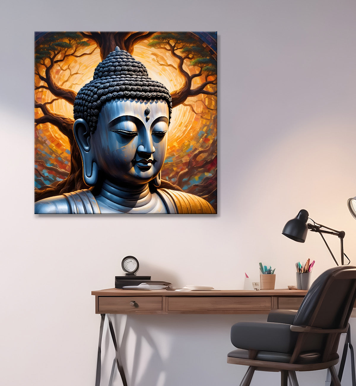 Metal Finish Buddha Painting with Tree 24x24 inch Buddha-S-99