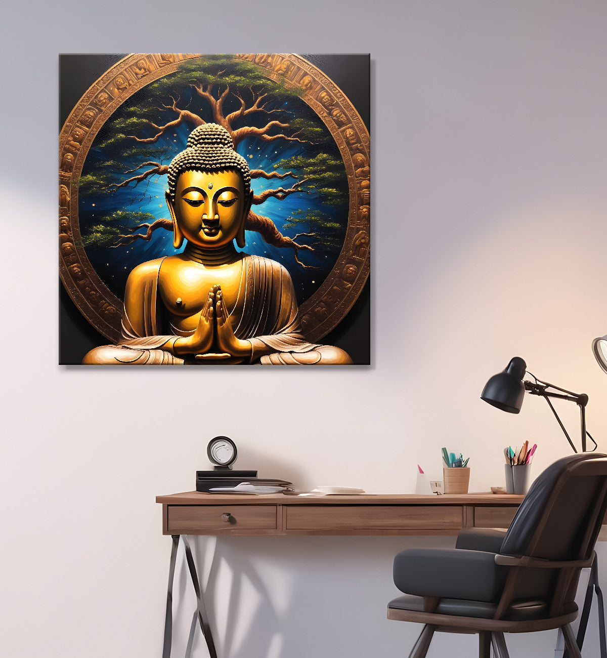 Golden Buddha Painting with Blue background with tree 24x24 inch Buddha-S-100